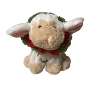 Ganz Woodland Lamb Plush Yuletide Wreath Bow Berries White Stuffed 7"